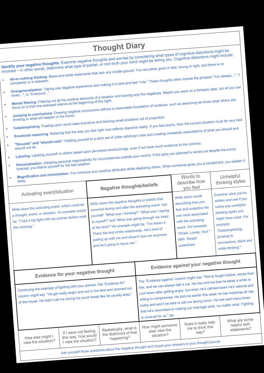 Negative Thoughts Diary, Digital Journal, Thoughts Organizer Printable