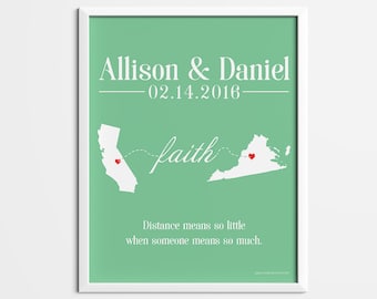 Valentines gift, personalized couples state print, Long distance gift, long distance couple gift, engagement gift, anniversary wedding gift,