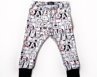 baby boy or girl dog leggings, toddler monochrome dog harem pants, unisex baby pants, cloth diaper pants, trendy baby clothes, Baby Gift