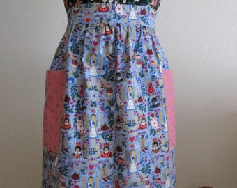 Half Apron made from Rifle Paper Co Alice in Wonderland fabric Light blue Wonderland print with metallic accents, Pink w/ metallic gold dots