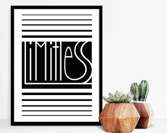 Wall Art Print, grenzeloos, citeer Print, typografie, Art Prints, inspirerende Print, zwart-witte kunst, minimalistische Print, 9 "x 12"