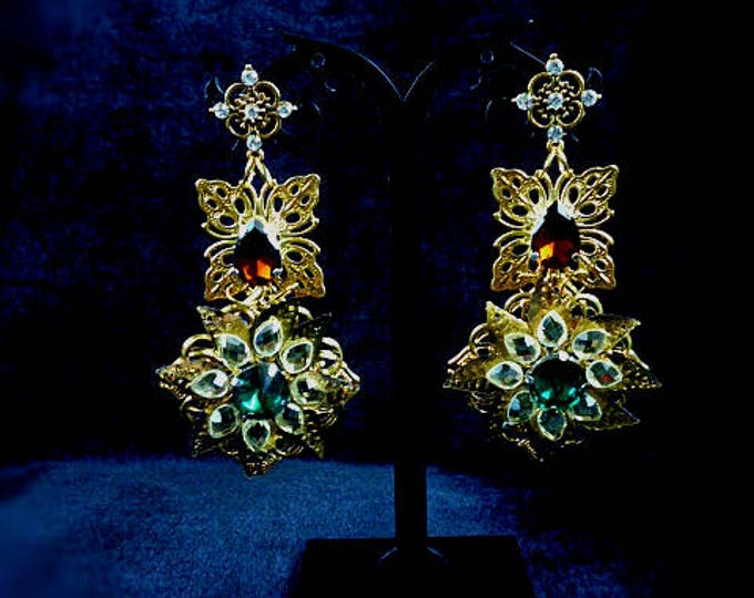 Dolce Gold Earrings Emerald Brown Sworovski Crystals wedding decoration long Sicilian Baroque tradition Bridal Gift for her bridesmaid
