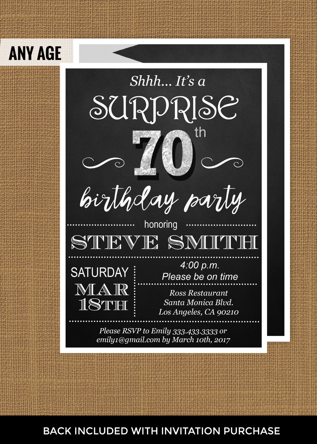 Surprise 70 birthday party invitations by DIYPartyInvitation