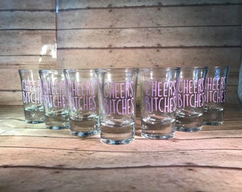 Cheers Bitches Shot Glass, Bachelorette Party Shot Glasses, Bride to Be shot Glass!