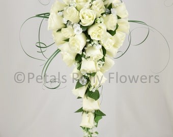 Artificial Wedding Flowers, Ivory/Cream Rose Brides Teardrop Bouquet