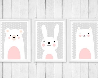 Set of Three Nursery Art Prints , Kids Wall Art, Animals