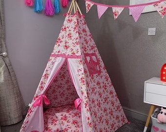 large childrens teepee by chookeys luxury pink floral with free personalised name in glitter fabric above door