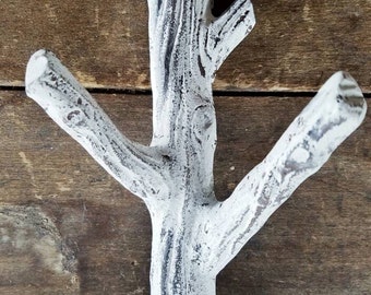 Large Cast Iron Tree Branch Wall Hook Distressed Chalk White