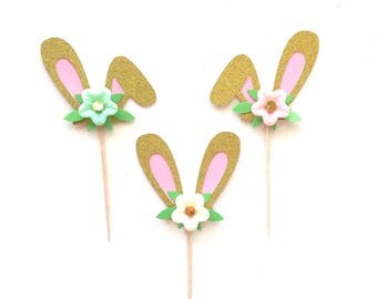 10 pcs Flowers Bunny Ear Cupcake Topper Gold Glitter for Birthday Baby Girl Some Bunny is One theme