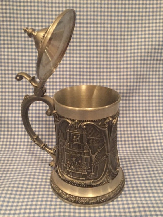 VINTAGE Antique German Beer Stein in Pewter with Hinged Lid by