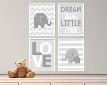 Printable Elephant Nursery Art Print Set, Suits Baby Nursery, White & Gray Nursery Decor, Set of 4 - 8x10" Digital Instant Download -S167