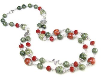 Serpentine necklace stone jewelry for grandma green necklace Coral jewelry for mothers necklace & earrings set Green gemstone jewelry gift