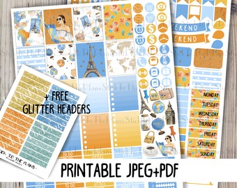 Travel printable planner stickers watercolor vacation stickers world map globe paris eiffel tower for use with Erin Condren LifePlannerTM