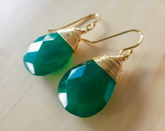 Green Onyx Earrings, Green Earring Teardrop Earrings Gold Filled Wire Wrapped Gemstone Earrings Emerald Green Small Simple Earring