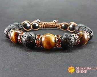 Lava stone jewelry Meditation mens bracelet Tiger eye natural beads Men gemstone bracelet Black brown stone Black shamballa bracelet