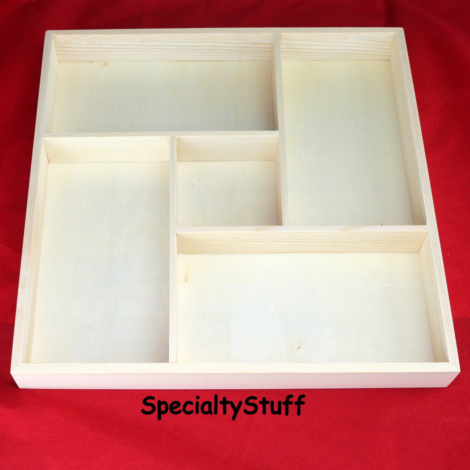 NEW Large 5 Section Wood Tray Box Unfinished Pine Wood Square