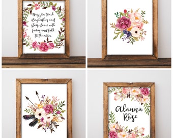 Floral Nursery Print Set - Floral Nursery Decor - May You Touch Dragonflies - Custom Floral Name Print - Digital Download 8x10 - Set of 4
