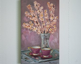 Oridjinal oil painting Tea cup art Apricot blossom Pink peach art Spring painting still life Home decor painting Wall art Gift for her
