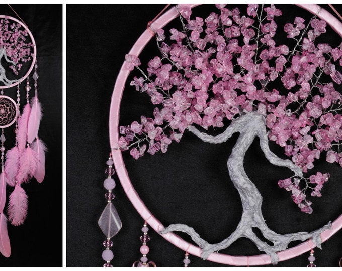 Pink Dream Catcher Tree of life Dreamcatcher quartz Dream сatcher pink quartz wall handmade pink gift Valentine's Day gift pink heart woman