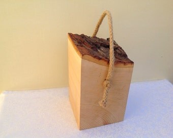 Solid Wood doorstop. Bark top. Live edge natural Hardwood door stopper - sash cord rope handle. Timber door stop. Classic Wooden Doorstop.