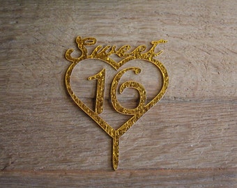Sweet sixteen taarttopper in goudglitter