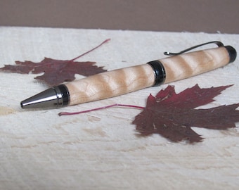 Large wood pen from beautiful curly maple with grey metal trim,twist style mechanism,hand turned,made in Montana,great graduation gift idea