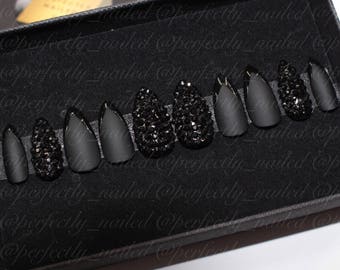 Studded Matte Black • Handpainted False Nails • Fake Nails • Press on Nails • Stick on Nails