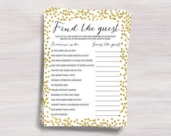 Find the Guest Game, Funny Bridal Shower games, Gold Bridal Shower ideas, Bachelorette, Wedding activities, Engagement party, Guessing game