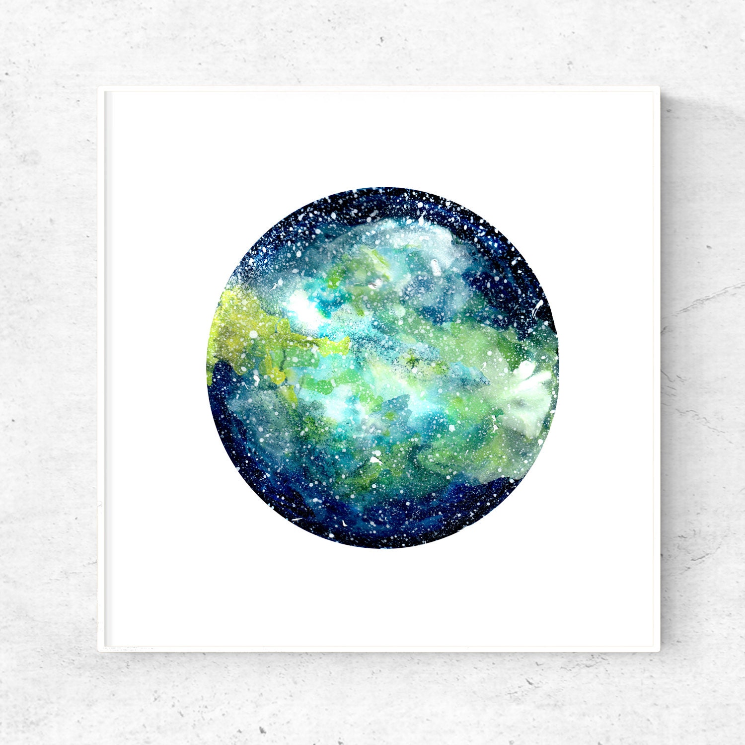 Galaxy watercolor painting green blue Printable Abstract art