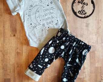 Bring baby home outfit, newborn baby,"I Love you to the Moon and Back" Onesie, Moon Pants - Atlas & Ellie- Baby Outfit, Space Pants, Unisex