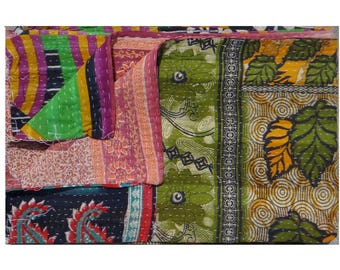 Ethnic Floral Design ,Vintage Kantha Quilt ,One of Kind,Reversible Twin Size Quilt ,Indian Handmade ,Throw Quilt #1004