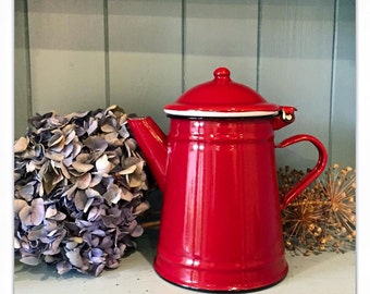 Vintage Style Crimson Red Enamel Coffee Pot