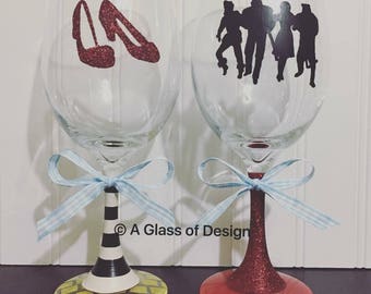 Wizard of Oz glass, hand painted glasses, Dorothy handmade, wine glasses, gifts, retro gifts, glittered, birthday gifts, christmas gifts, oz