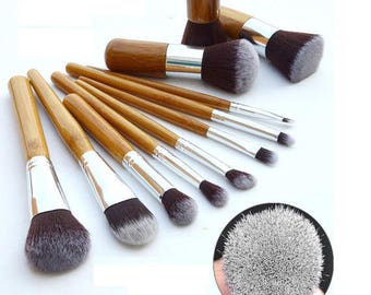 Vegan Makeup Brushes Eco Bamboo Natural 11 Pieces (Cruelty Free ) In Cotton Pouch Gift