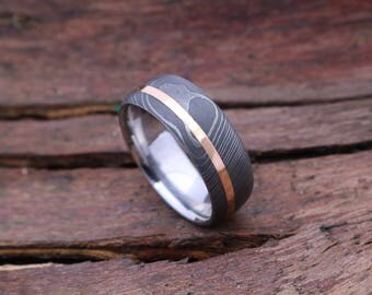 damascus ring gold stainless steel damascus band inlaid with 18 carat rose gold off - Custom Wedding Ring damascus ring gold stainless steel damascus band inlaid with 18 carat rose gold off - Custom Wedding Ring