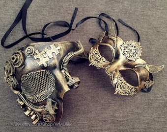 Couple Masquerade Mask Steampunk Geared bronze Brass Gold Studs Detail