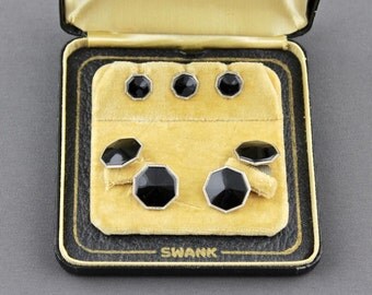 Vintage Swank Black Cufflink And 3 Piece Shirt Stud Set In Original Box