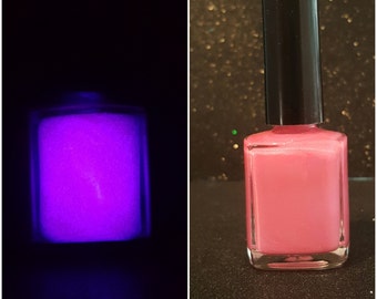 Pink Glow hand made glow in the dark nail polish.