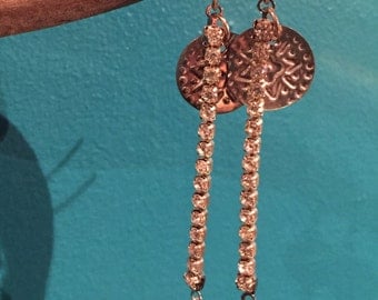Silver coin and rhinestone chain earrings