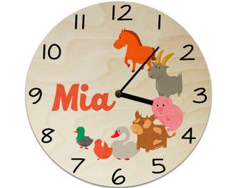 Farm Animals Cow Duck Goose Pig Goat Chicken Toddler Personalised Childrens Clock / Kids Clock