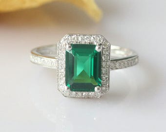 Vintage Ring!!! 6x8mm Emerald Ring 14k White Gold Engagement Ring Emerald Anniversary Ring Bridal Wedding Ring Promise Ring Diamond Ring