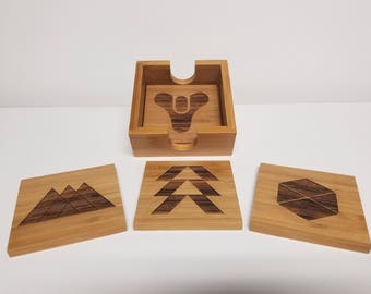 Destiny themed Bamboo Coaster Set of 4 with Caddy