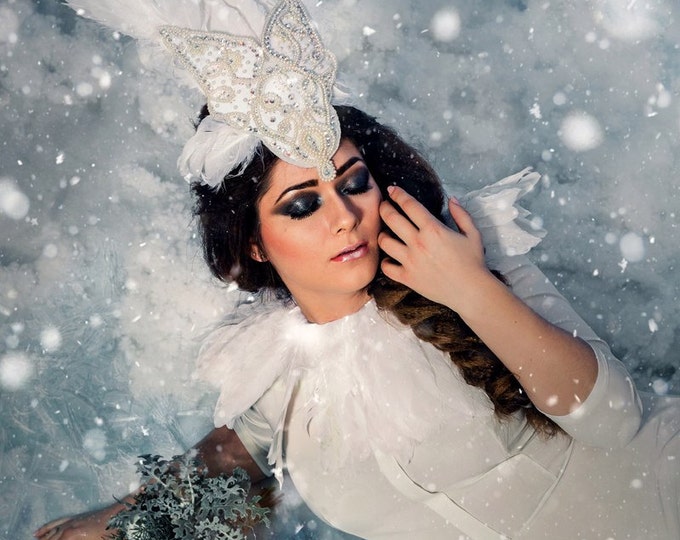 Statement Embroidery Headpiece White Feather Bridal Headdress Winter Photoshoot Crown Cosplay Tiara Burlesque Crown Festival Wear Boho