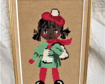 Vintage French Needlepoint, 1950's french art, kitschy needlepoint, wall decor, art for children, birthday gifts, black art