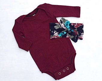 Burgundy baby bodysuit,solid color bodysuit,baby one-piece,cute baby clothes,floral baby head wrap,long sleeve bodysuit,baby head bow,baby
