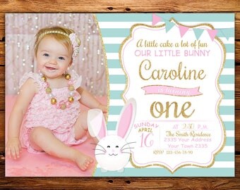 Bunny Birthday Invitation. First Birthday Invitation. Bunny Party Invitation. Bunny Pink Mint Personalized Birthday. With Photo. Any age.