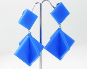 Amazing Vintage Perspex 1960s Mod Pop Art Large Clip Geometric Earrings - Blue Acrylic