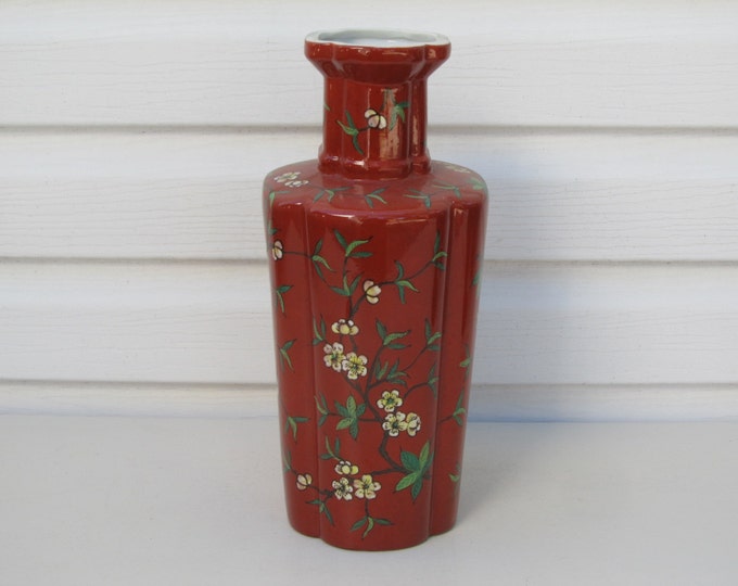 Vintage red vase, ACF Japanese porcelain ware, quatrefoil dark red vase with cherry blossom, plum blossom, decorated in Hong Kong