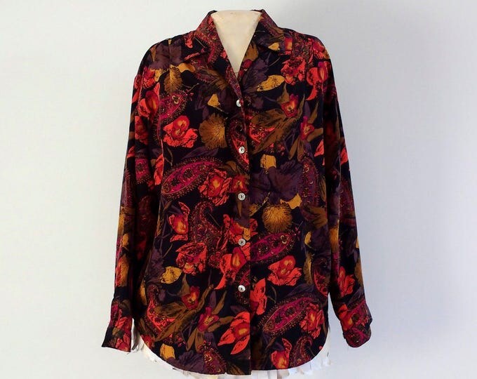 Vintage 1970s blouse by H.E.R., size M, floral blouse in black and orange, long sleeve womans shirt suitable for work