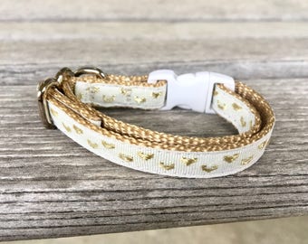 Gold Hearts Cat Collar, Valentine's Day Cat Collar, White Cat Collar, White and Gold Kitten Collar, Woven Gold Cat Collar, Adorable Collar
